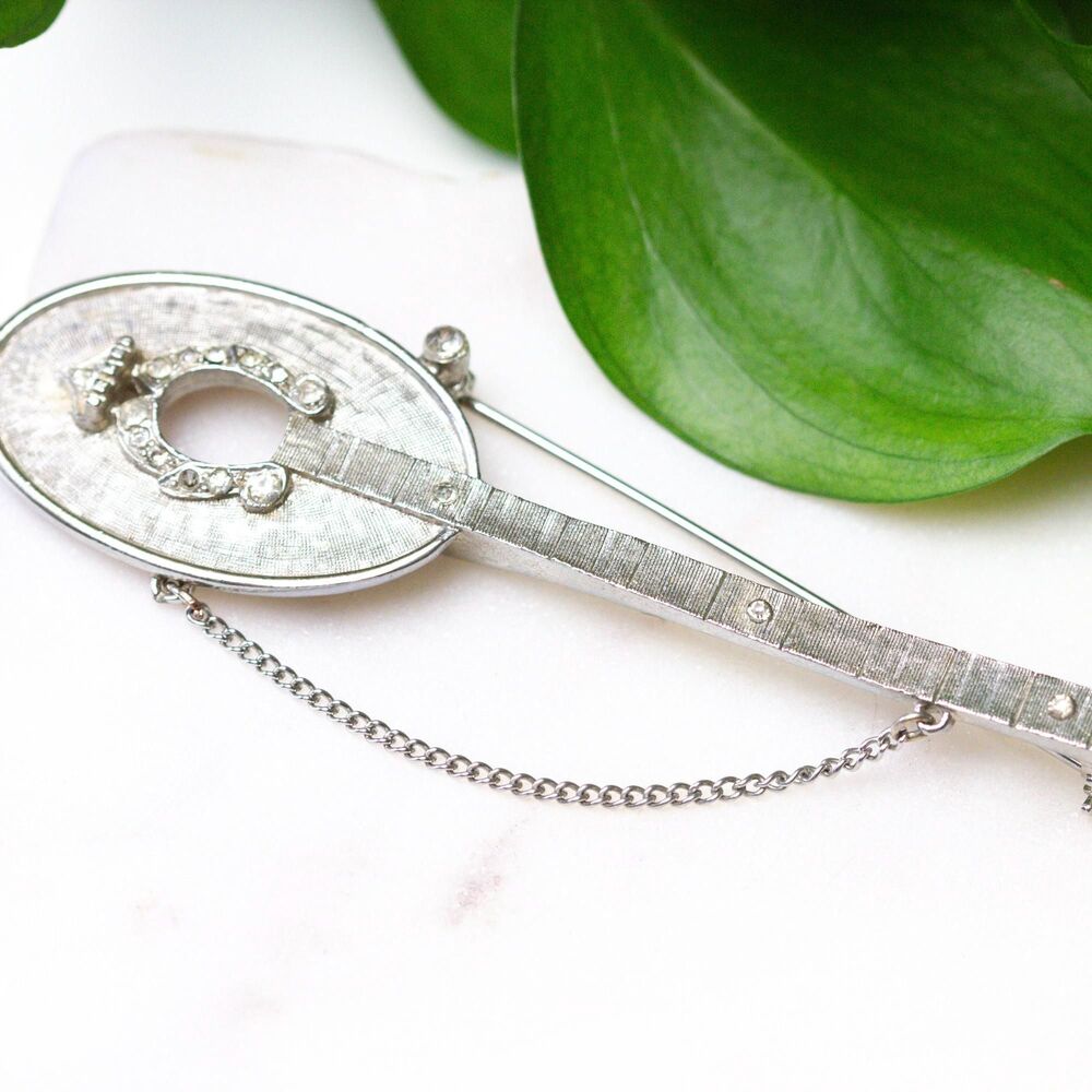 Vintage Robert Mandle Signed Silver Rhinestone Mandolin Banjo Guitar Brooch Pin